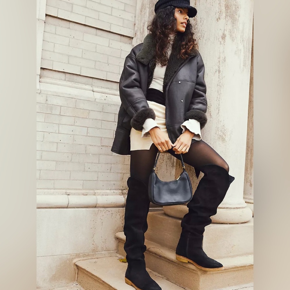 FREE PEOPLE BOOTS OVER KNEE 8 38 BLACK SUEDE BANKS LOW HEEL HALF ZIPPER Zip $368